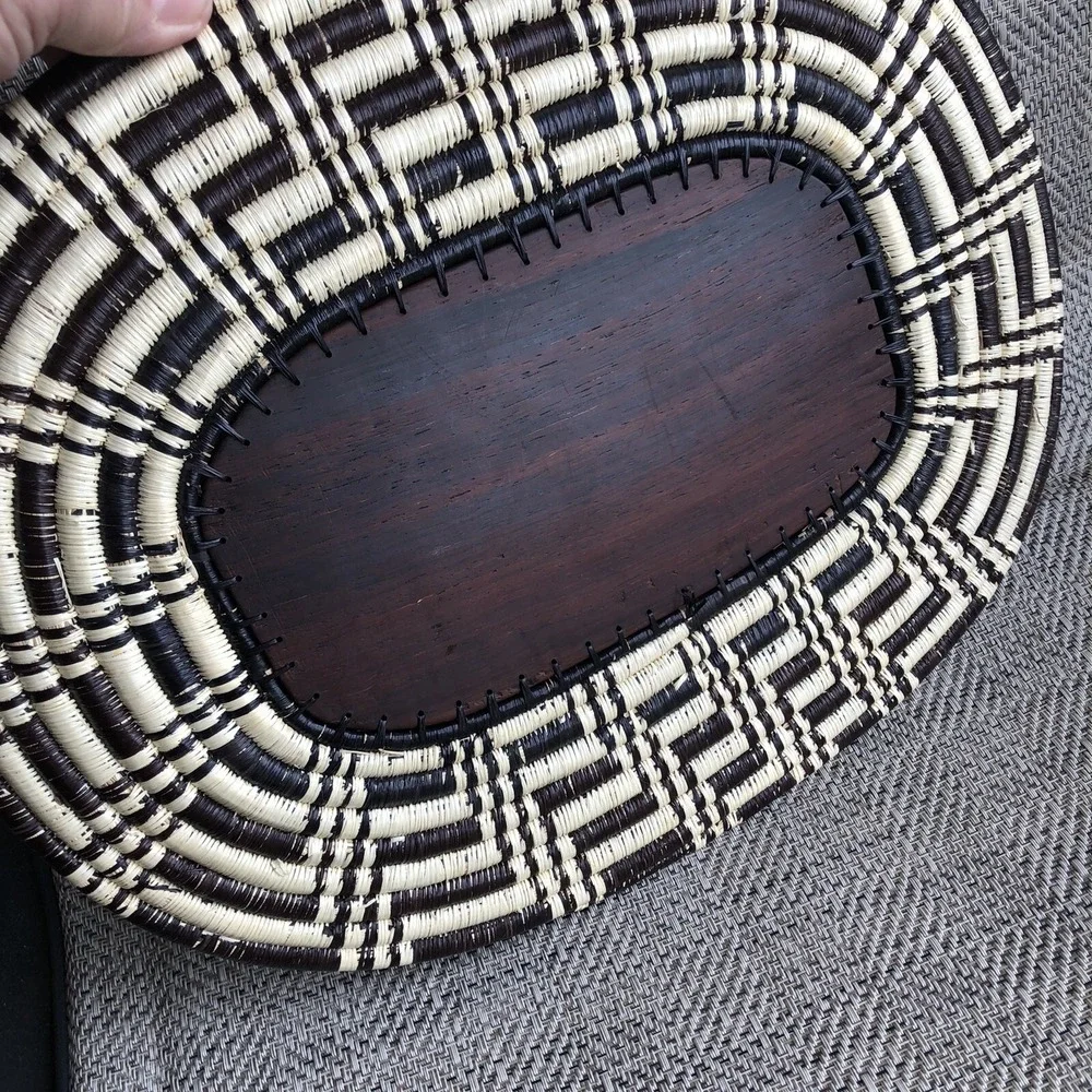 Handmade Woven Coil Tribal Oval‎ Wood Embossed Swordfish Tray Wall Basket